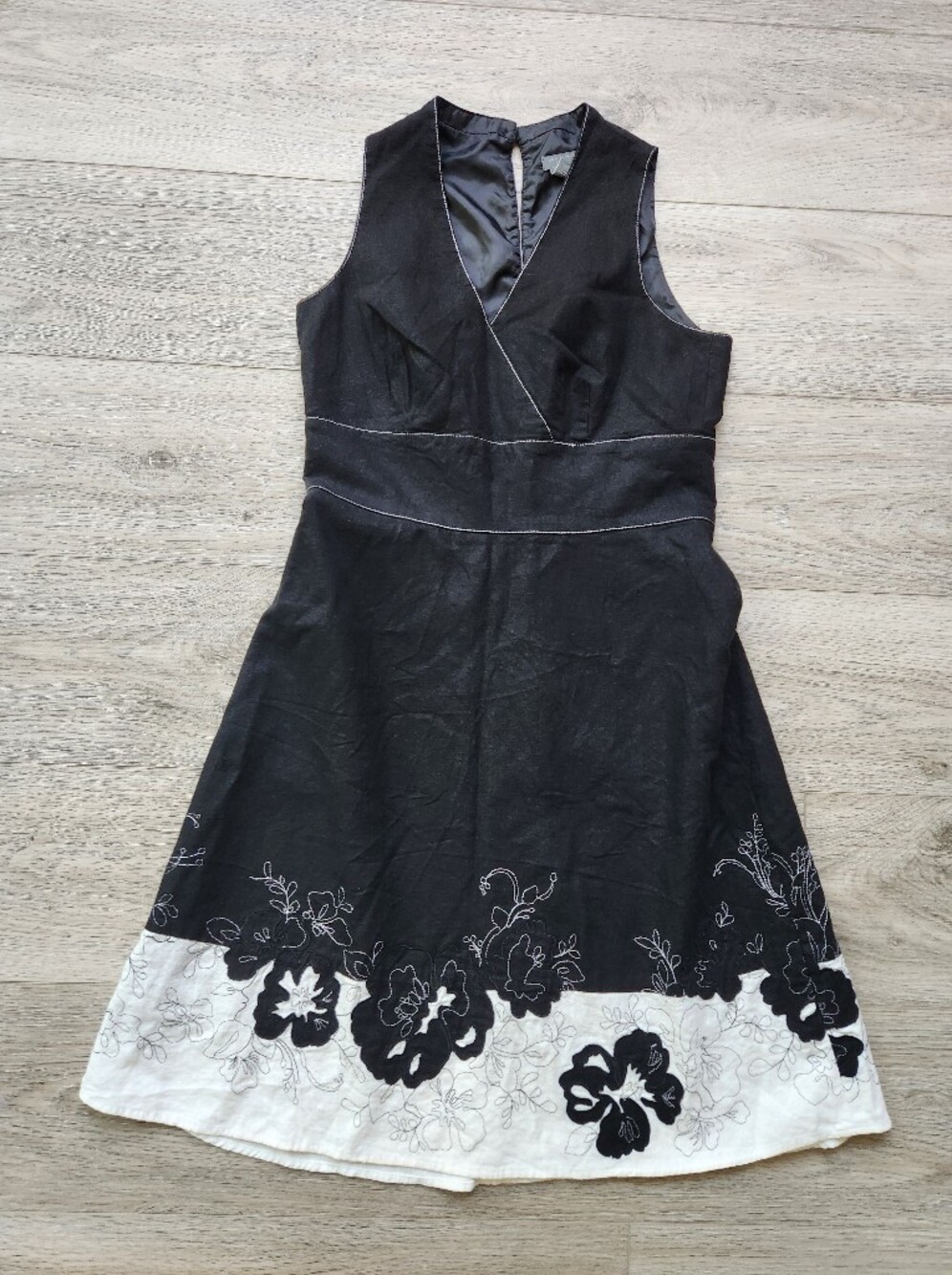 Ann Taylor Black White Floral Dress Womens 6 Petite Sleeveless Linen Stitching